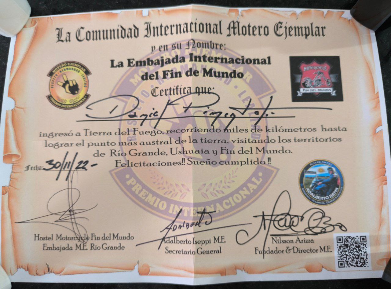 Motero Exemplar certificate